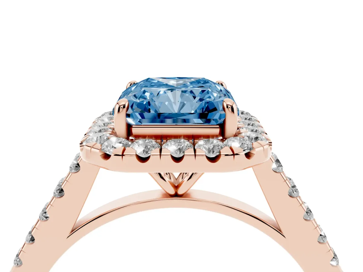 Fancy Blue Radiant Cut Halo Pave Diamond Engagement Ring with Four-Prong Setting Rose gold