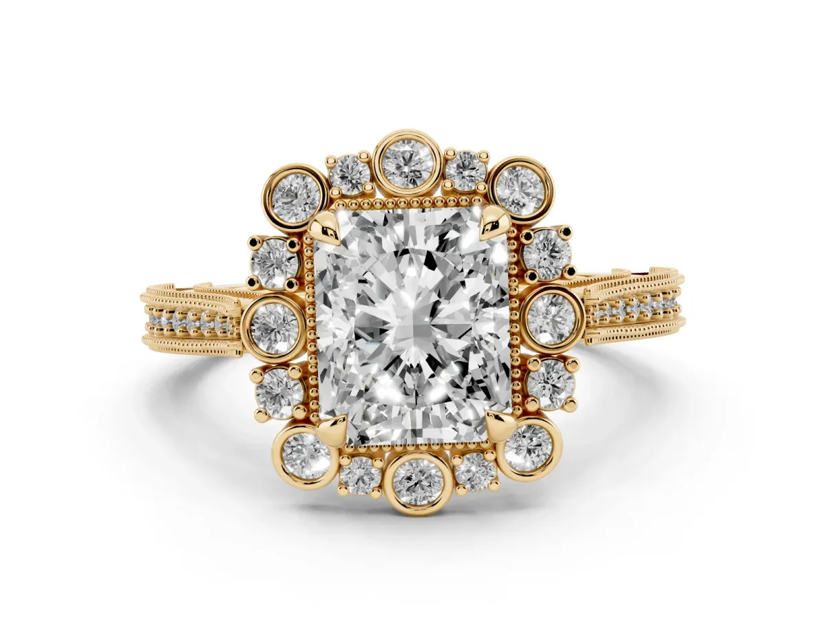 Radiant Cut Halo Milgrain Pave Diamond Ring with Four-Prong Setting Yellow gold