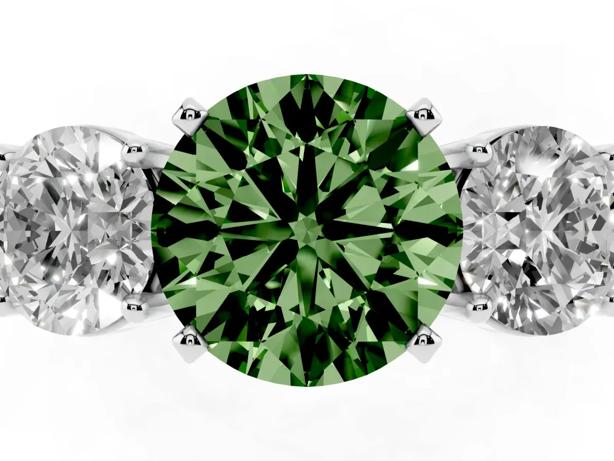 Fancy Green Three-Stone Round Cut Diamond Ring with Round Side Stones, Classic Band, and Four-Prong Setting Silver