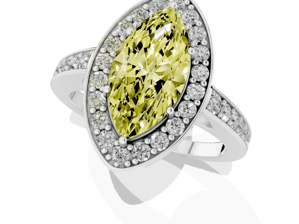 Fancy Yellow Marquise Cut Halo Pavé Diamond Engagement Ring with Bezel Setting Silver