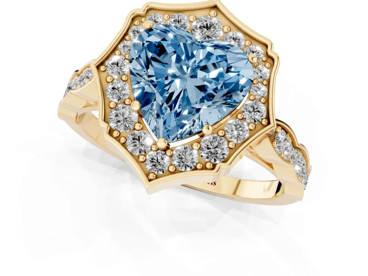 Fancy Blue Heart Cut Halo Diamond Engagement Ring with Milgrain Band and Four-Prong Setting Yellow gold