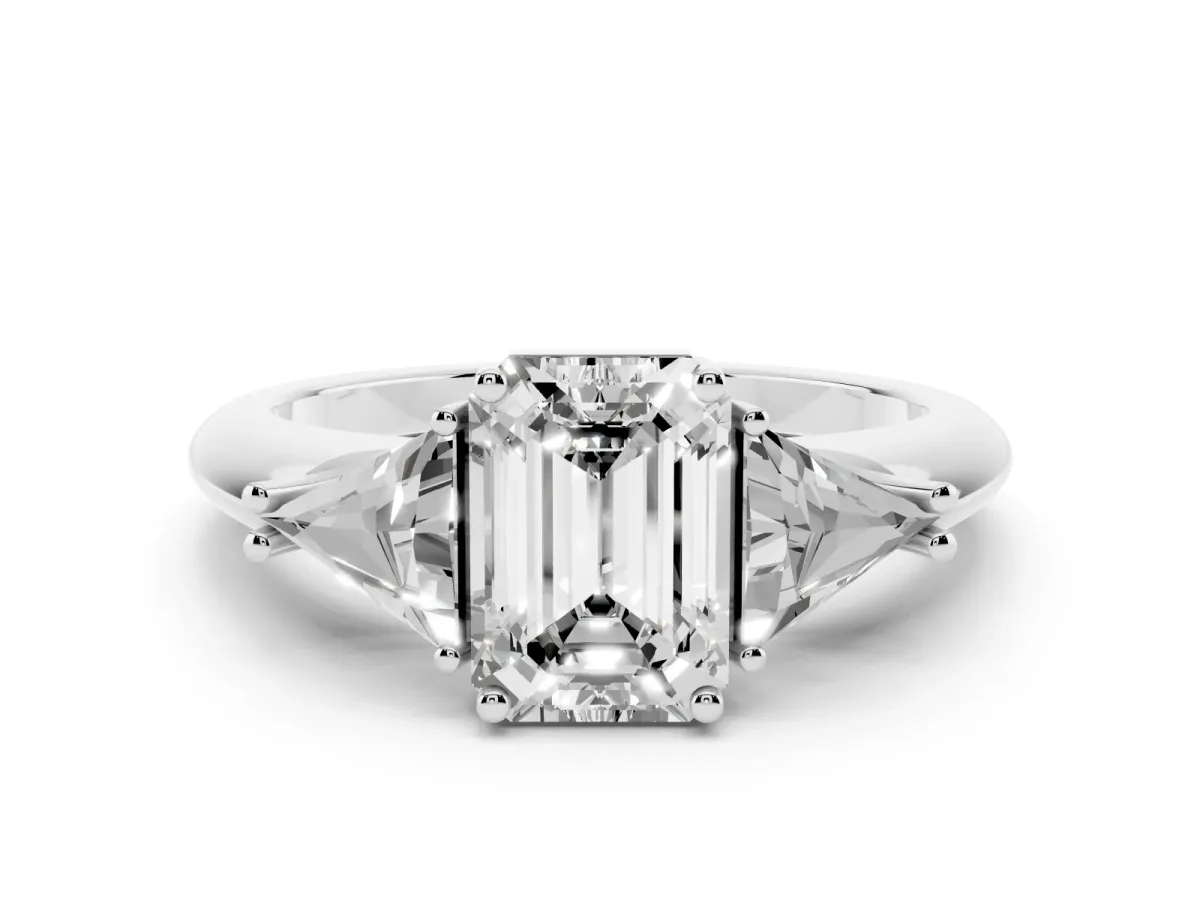 Three-Stone Emerald Cut Diamond Engagement Ring with Trillion Side Stones and Prong Setting Silver
