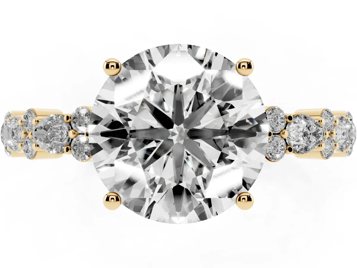 Round Cut Diamond Side Stone Solitaire Ring with Round and Four-Prong Setting Yellow gold