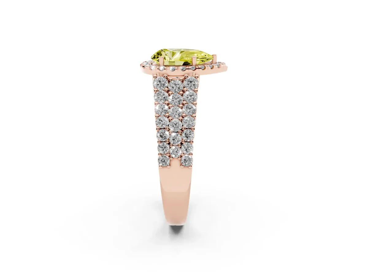 Fancy Yellow Pear Cut Diamond Halo Engagement Ring with Triple Row Round Pavé Band and Prong Setting Rose gold