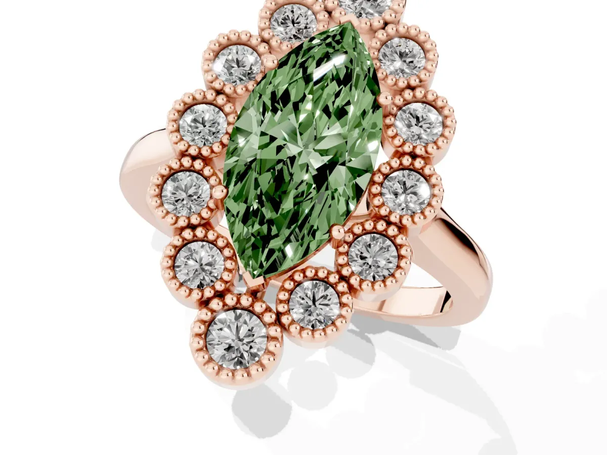 Fancy Green Marquise Cut Halo Diamond Cluster Engagement Ring with Milgrain Bezel Setting and Solitaire Band Rose gold