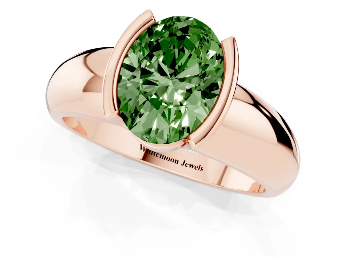 Fancy Green Oval Cut Solitaire Tension Set Diamond Ring with Wide Band Rose gold