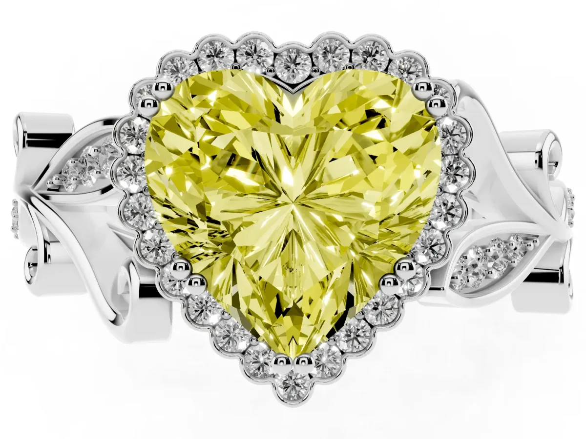 Fancy Yellow Heart Cut Diamond Halo Ring with Vintage Split Shank and Four-Prong Setting Silver