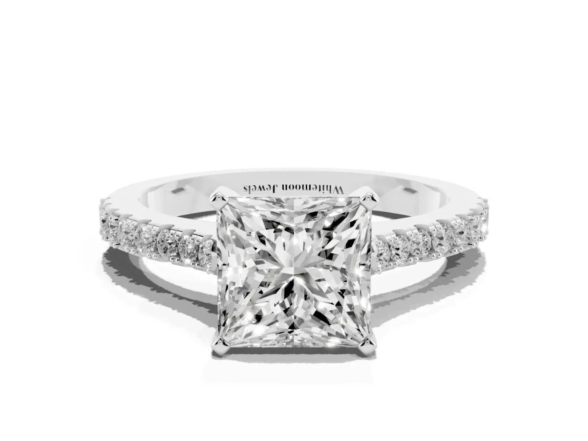 Princess Cut Cut Solitaire Diamond Engagement Ring with Pave Band and Four-Prong Setting Platinum