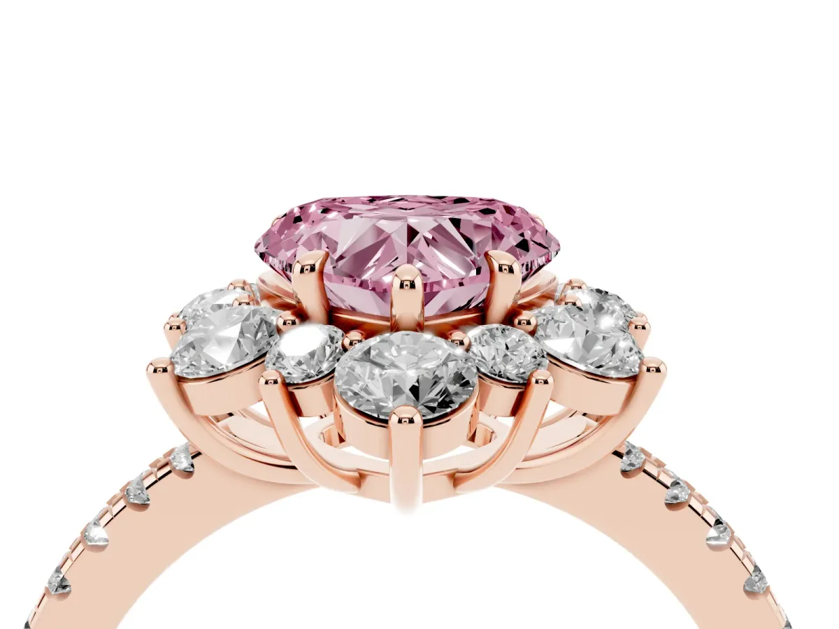 Fancy Pink Heart Cut Diamond Floral Halo Ring with Round Pavé Band and Prong Setting Rose gold