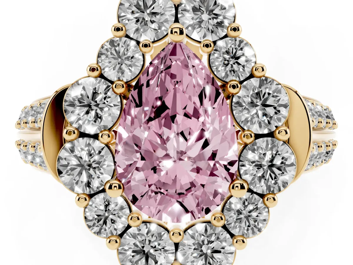 Fancy Pink Pear Cut Halo Diamond Engagement Ring with Split Shank and Prong Setting Yellow gold