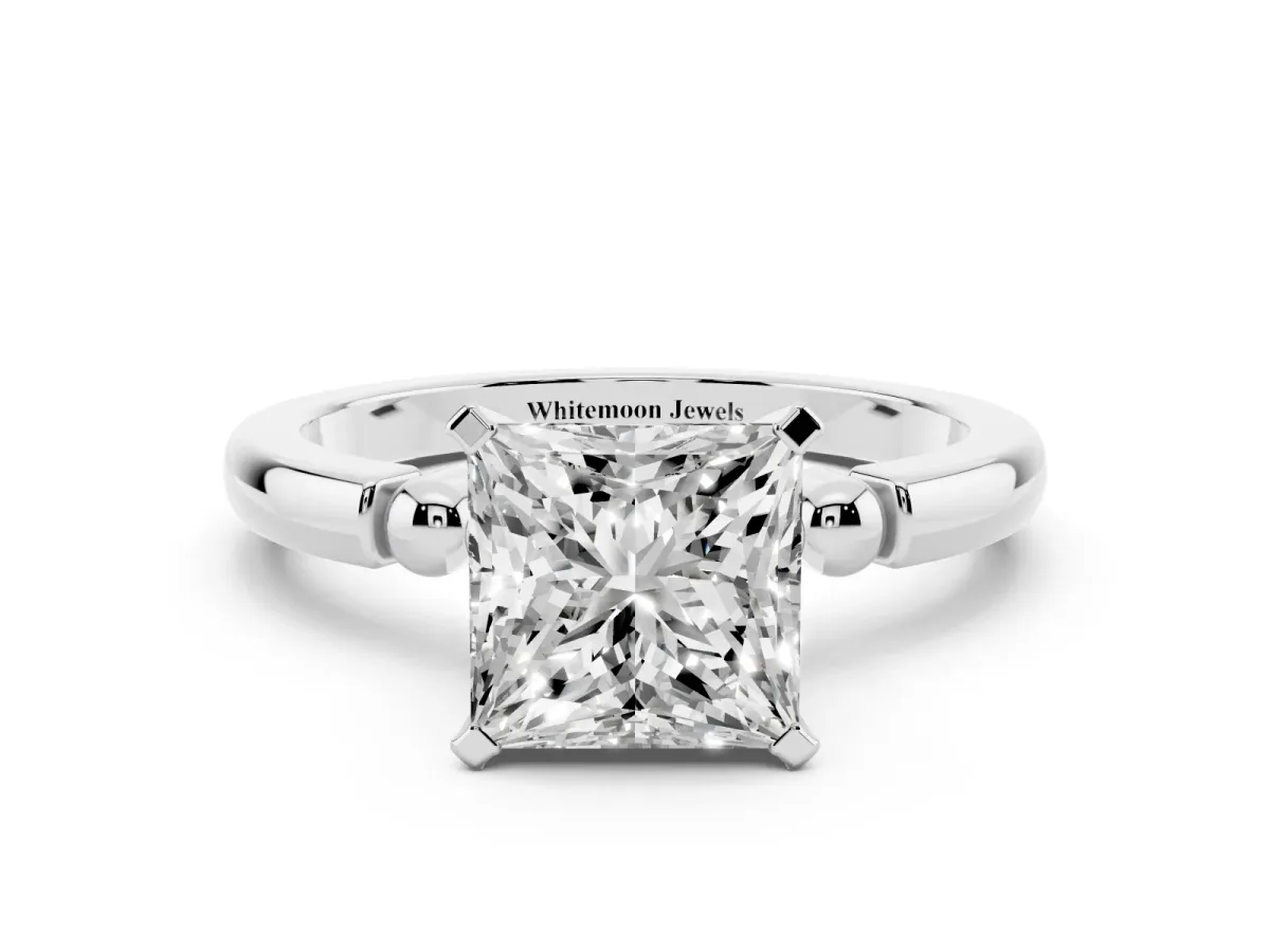Princess Cut Solitaire Beaded Band with Four-Prong Setting Silver