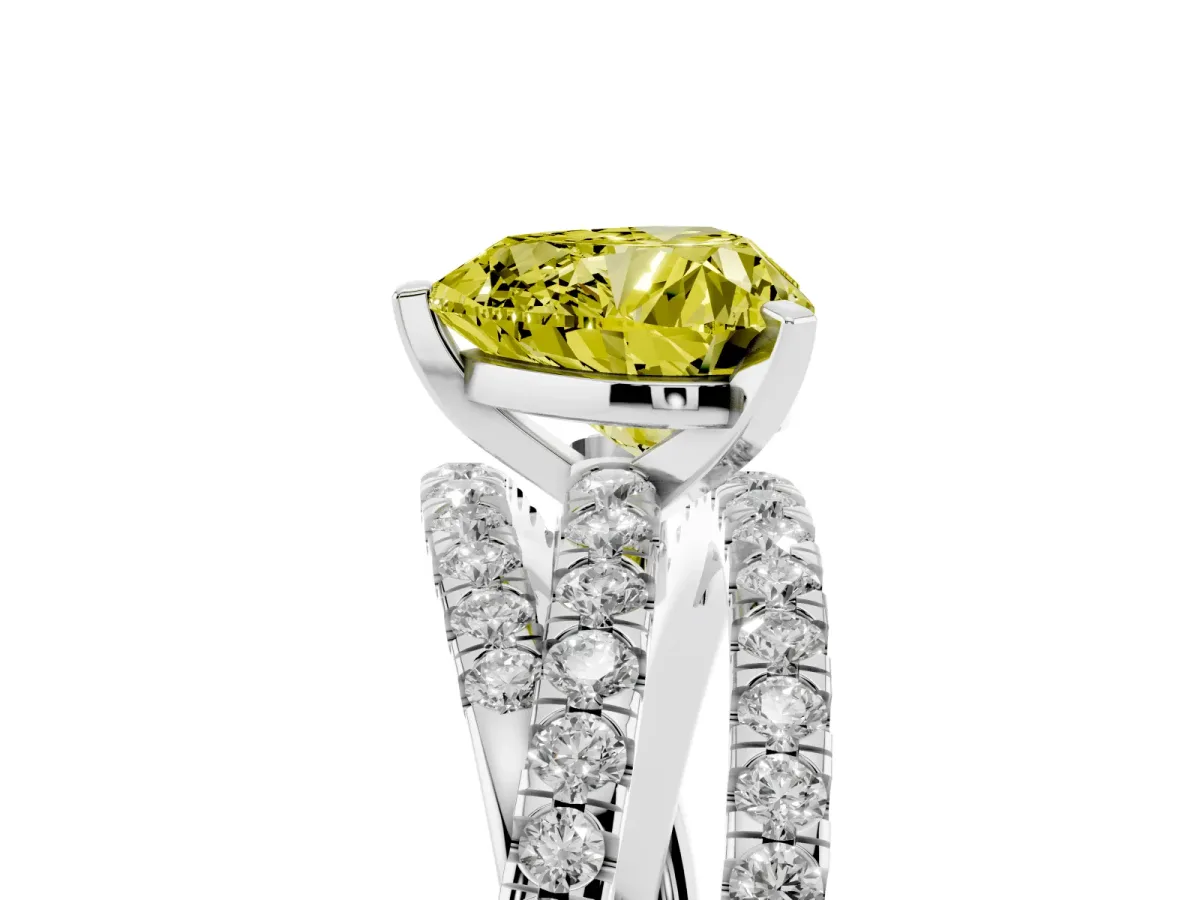 Fancy Yellow Heart Cut Solitaire Twist Band with Pavé Setting and Four-Prong Setting Silver