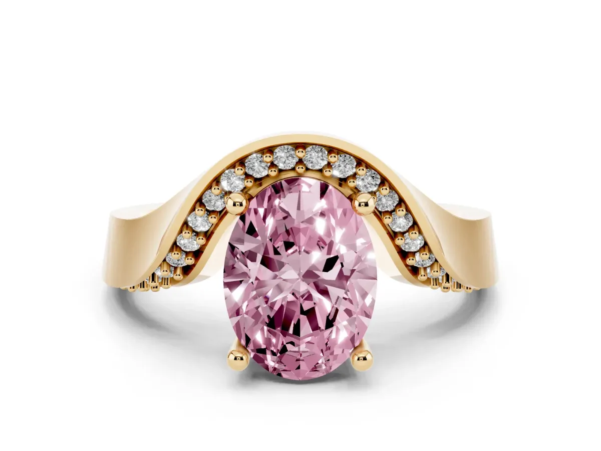 Fancy Pink Oval Cut Solitaire Diamond Engagement Ring with Pave Band and Four-Prong Setting Yellow gold