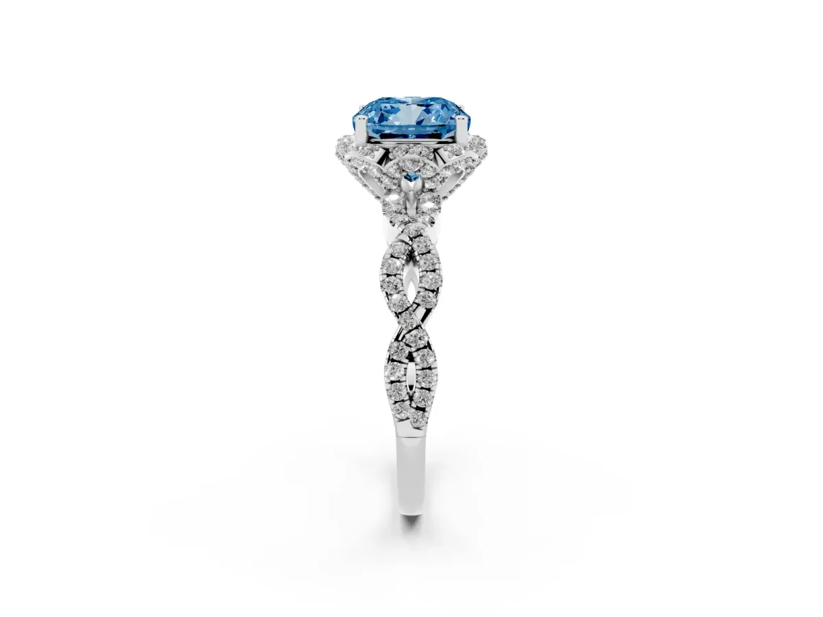 Fancy Blue Cushion Cut Halo Twist Band Solitaire Ring with Six-Prong Setting Silver