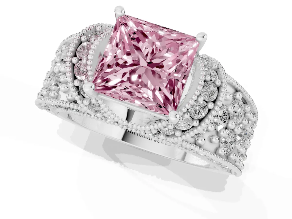 Fancy Pink Princess Cut Halo Pave Diamond Engagement Ring with Milgrain Detailing Silver