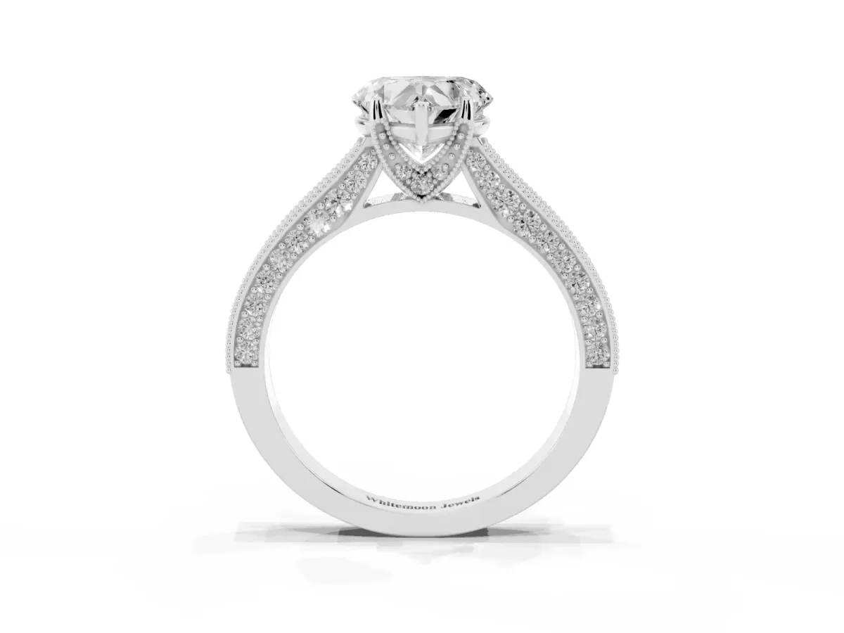 Heart Cut Cut Diamond Solitaire Ring with Milgrain Pave Band and Four Prong Setting Silver