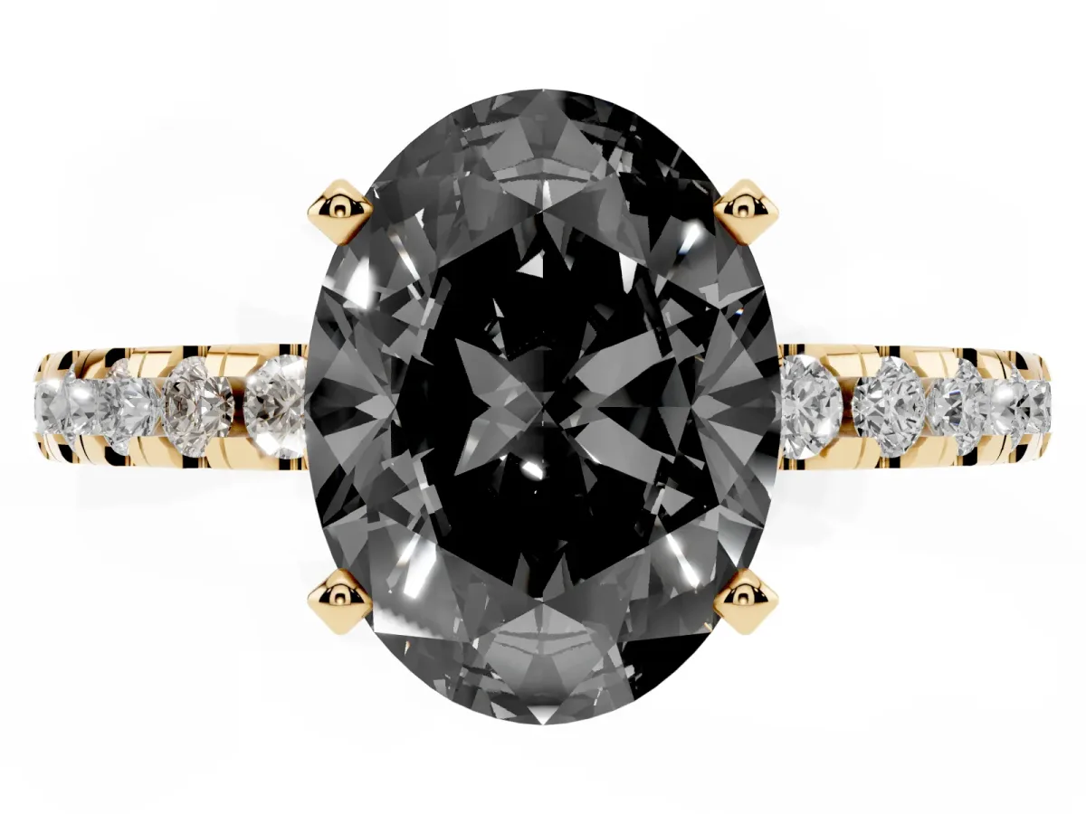 Fancy Black Oval Cut Diamond Solitaire Ring with Round Pavé Band and Four-Prong Setting Yellow gold
