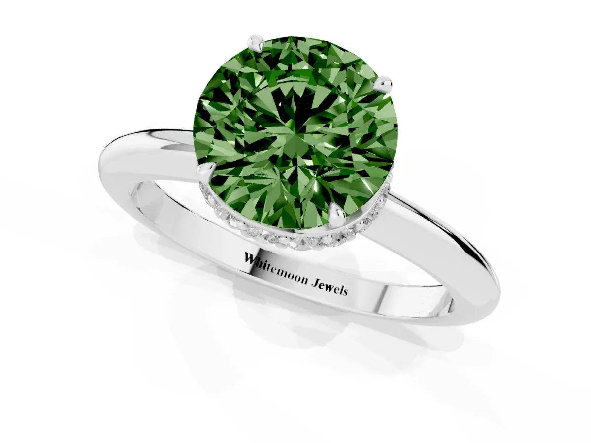 Fancy Green Round Cut Brilliant Solitaire Engagement Ring with Six-Prong Setting and Classic Band Silver