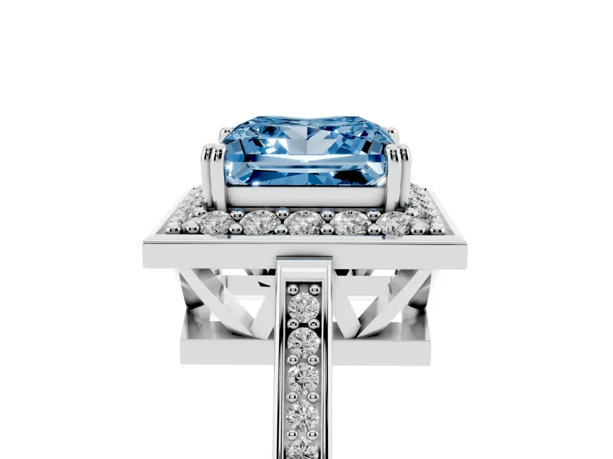 Fancy Blue Princess Cut Diamond Halo Ring with Split Shank and Four-Prong Setting Platinum