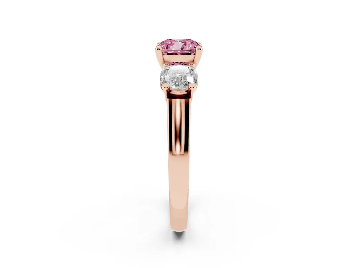 Fancy Pink Three-Stone Cushion Cut Brilliant Diamond Trellis Ring with Comfort Fit Band Rose gold