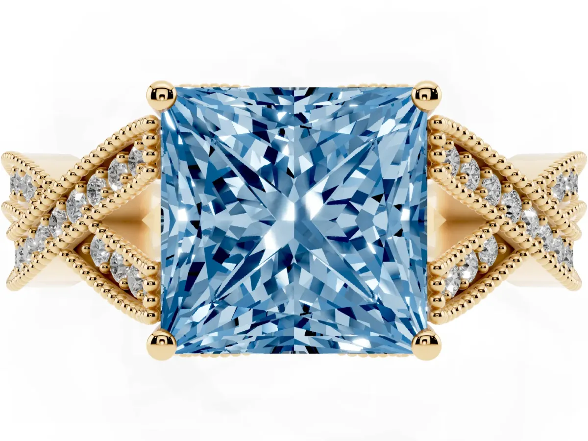 Fancy Blue Princess Cut Cut Diamond Twisted Band with Milgrain Pave Setting and Four-Prong Setting Yellow gold
