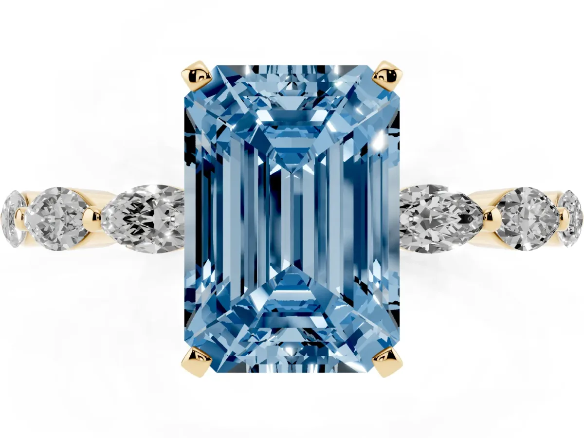 Fancy Blue Emerald Cut Diamond Ring with Marquise Side Stones and Prong Setting Yellow gold