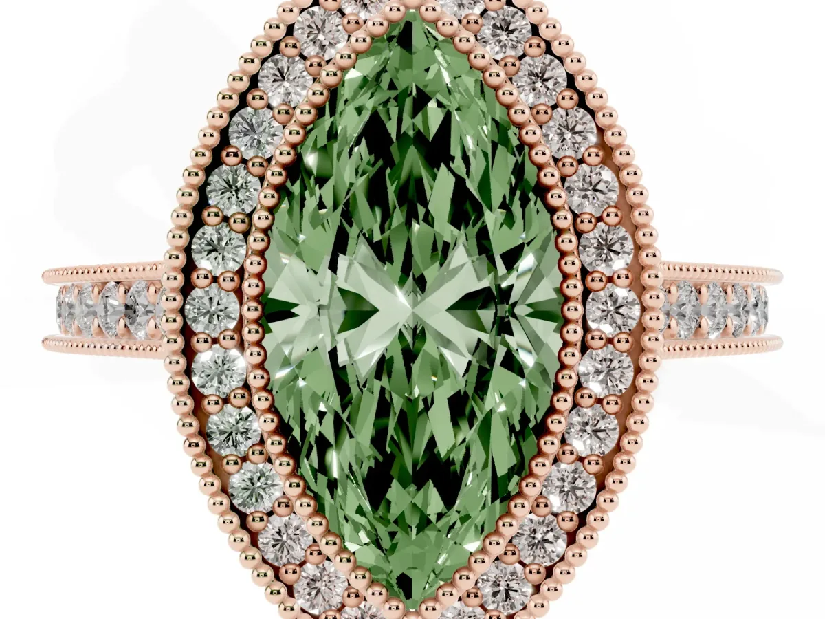 Fancy Green Halo Marquise Cut-Cut Diamond Pave Band Milgrain Prong Setting Ring Rose gold