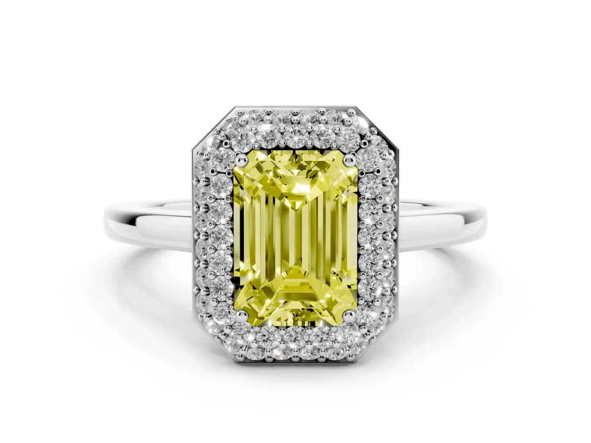 Fancy Yellow Emerald Cut Halo Diamond Engagement Ring with Solitaire Band and Four-Prong Setting Silver