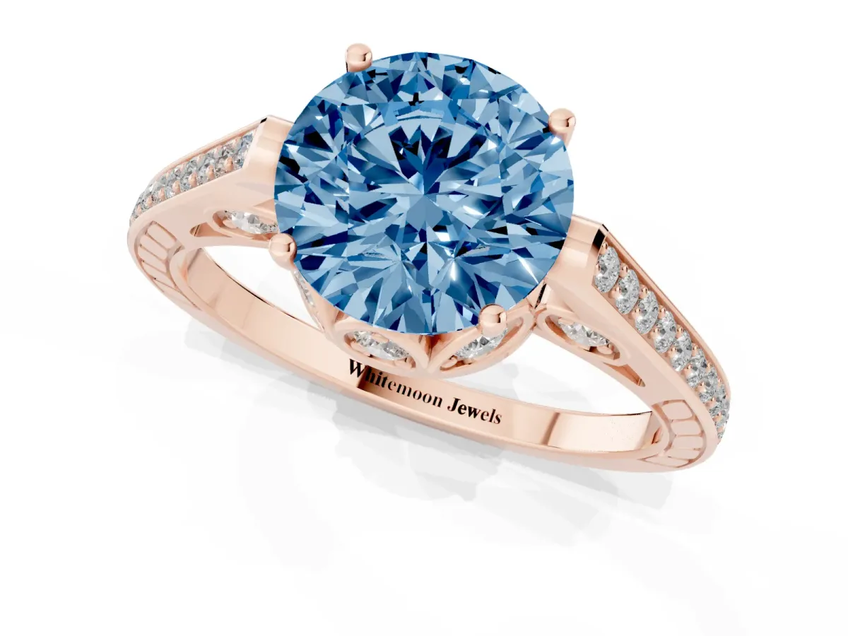Fancy Blue Round Cut Cut Cathedral Pave Diamond Engagement Ring with Six-Prong Setting Rose gold