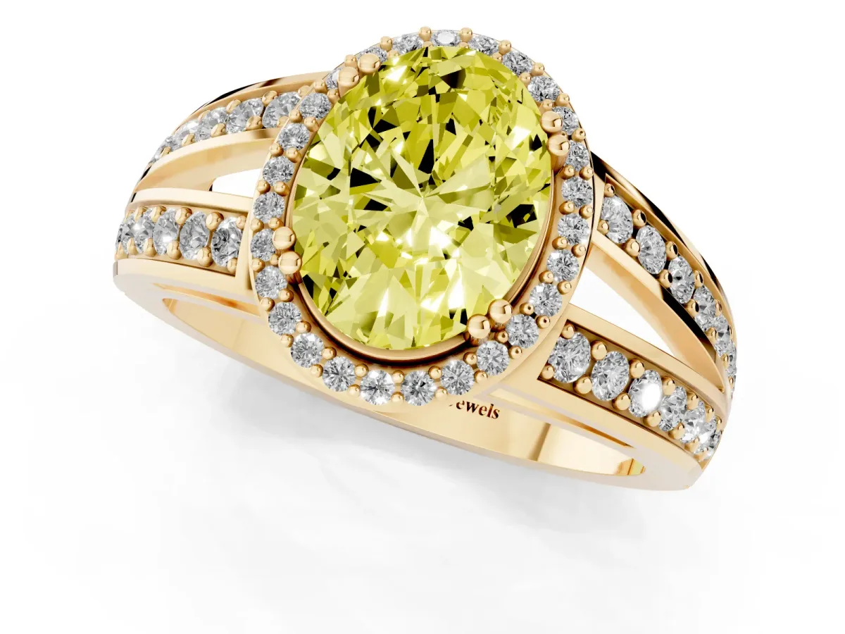 Fancy Yellow Oval Cut Diamond Halo Ring with Split Shank Pavé Band and Four-Prong Setting Yellow gold
