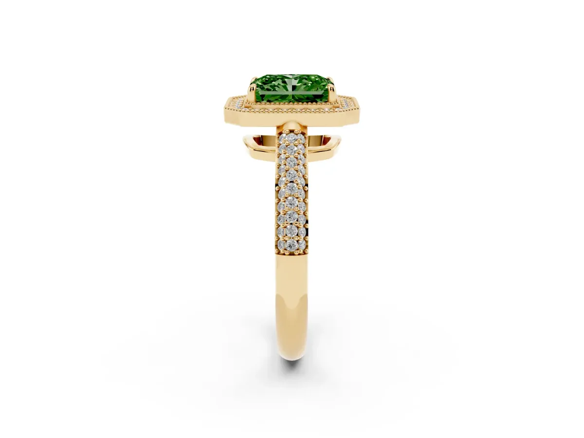 Fancy Green Radiant Cut Cut Halo Diamond Pave Band with Four-Prong Setting Yellow gold