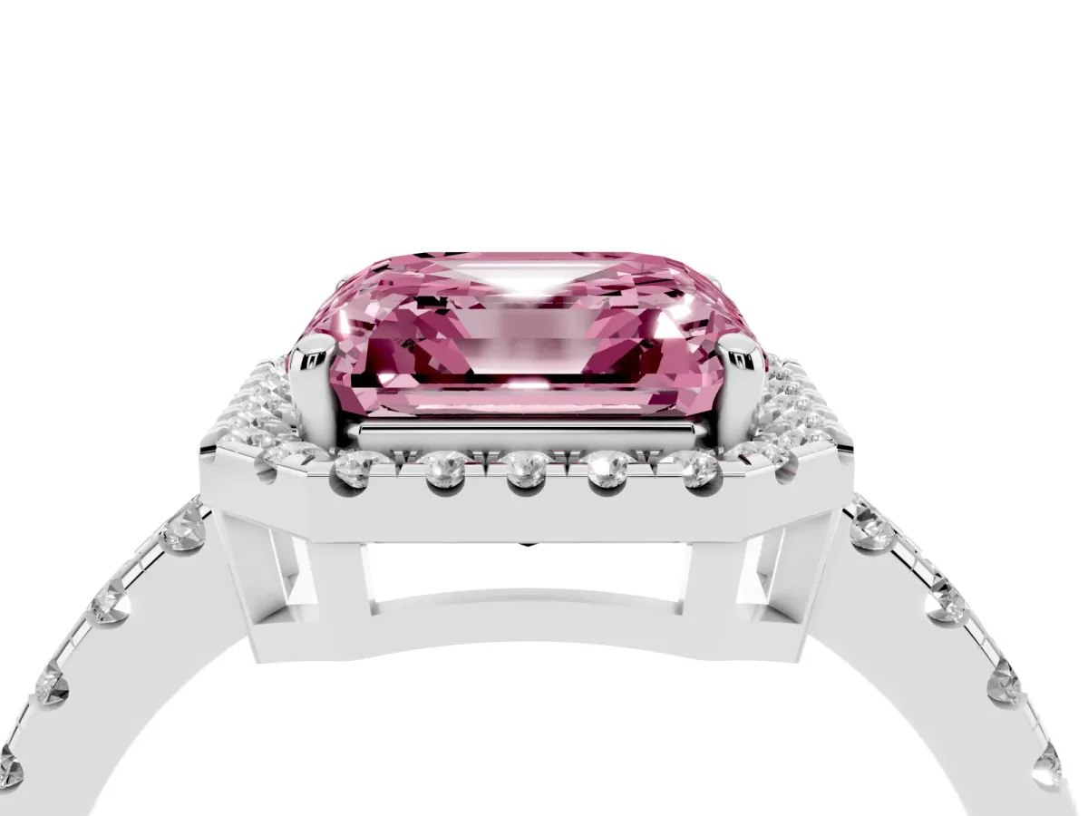 Fancy Pink Asscher Cut Diamond Halo Ring with Pavé Band and Four-Prong Setting White gold