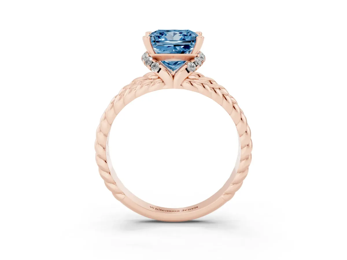 Fancy Blue Princess Cut Halo Twisted Band Four-Prong Ring Rose gold