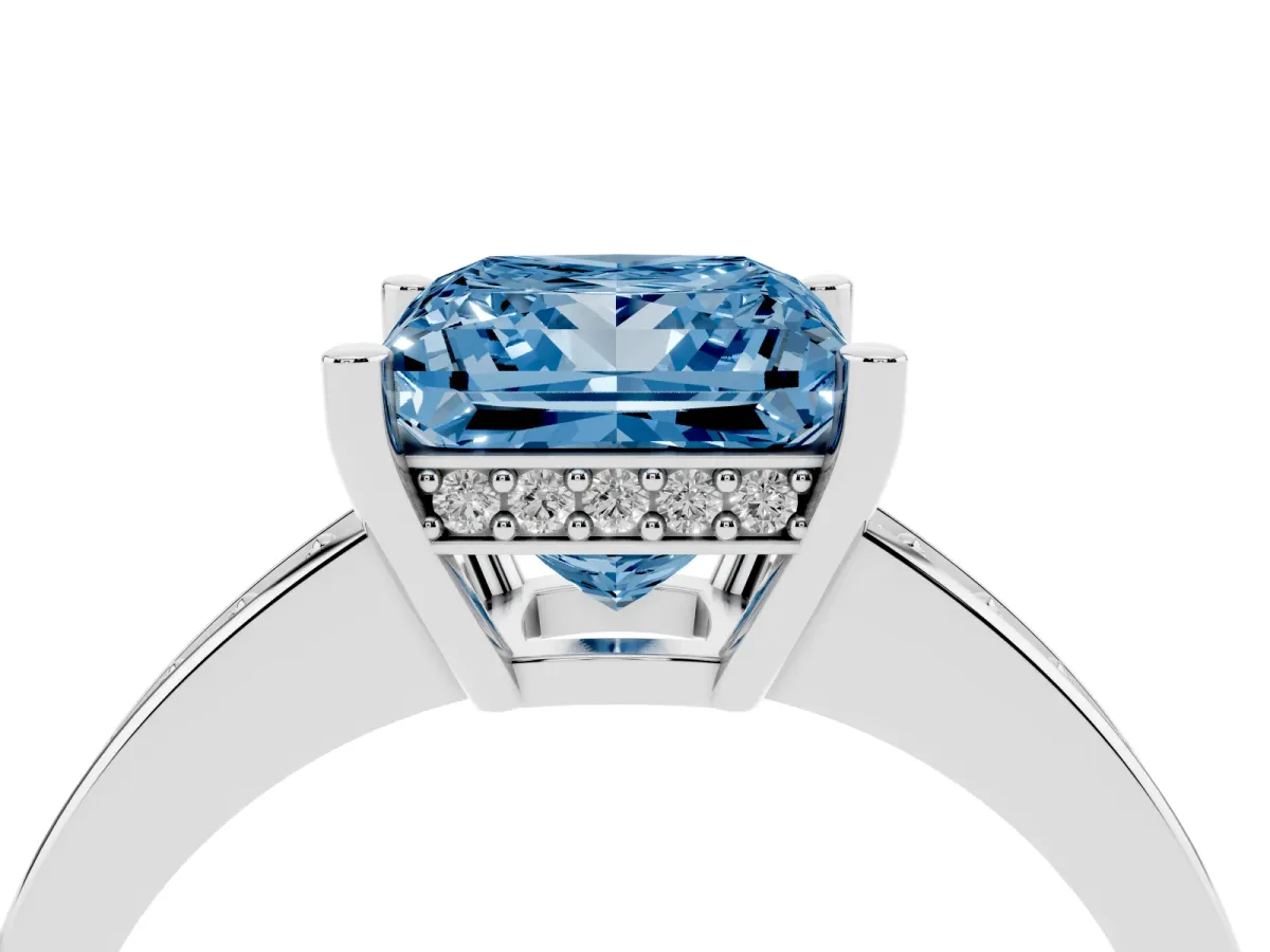 Fancy Blue Princess Cut Solitaire Pavé Band Prong Setting Ring Silver