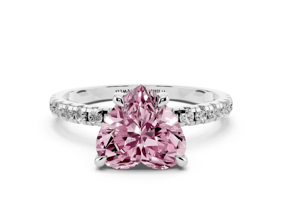 Fancy Pink Heart Cut Diamond Brilliant Solitaire Ring with Pavé Band and Four-Prong Setting Platinum