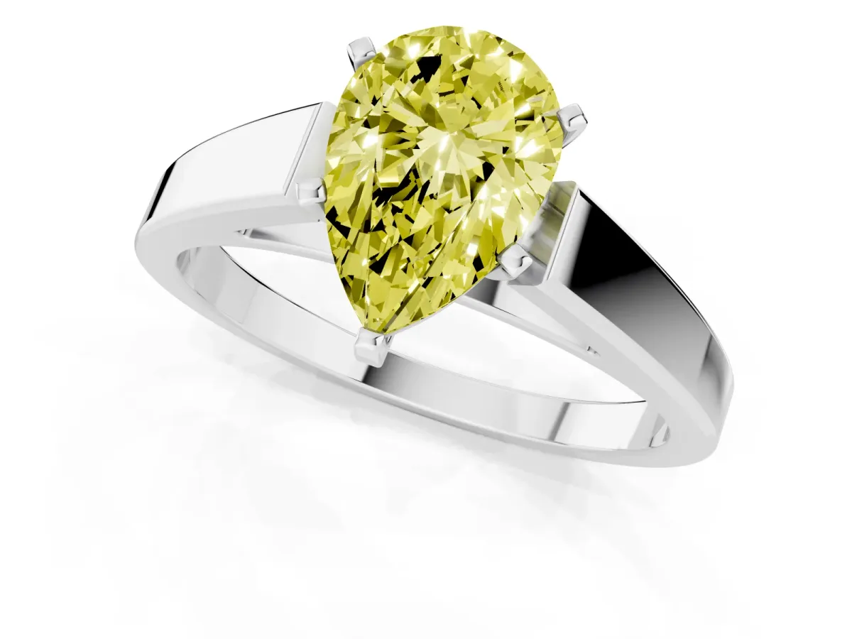 Fancy Yellow Pear Cut Solitaire Engagement Ring with Four-Prong Setting and Tapered Band Silver