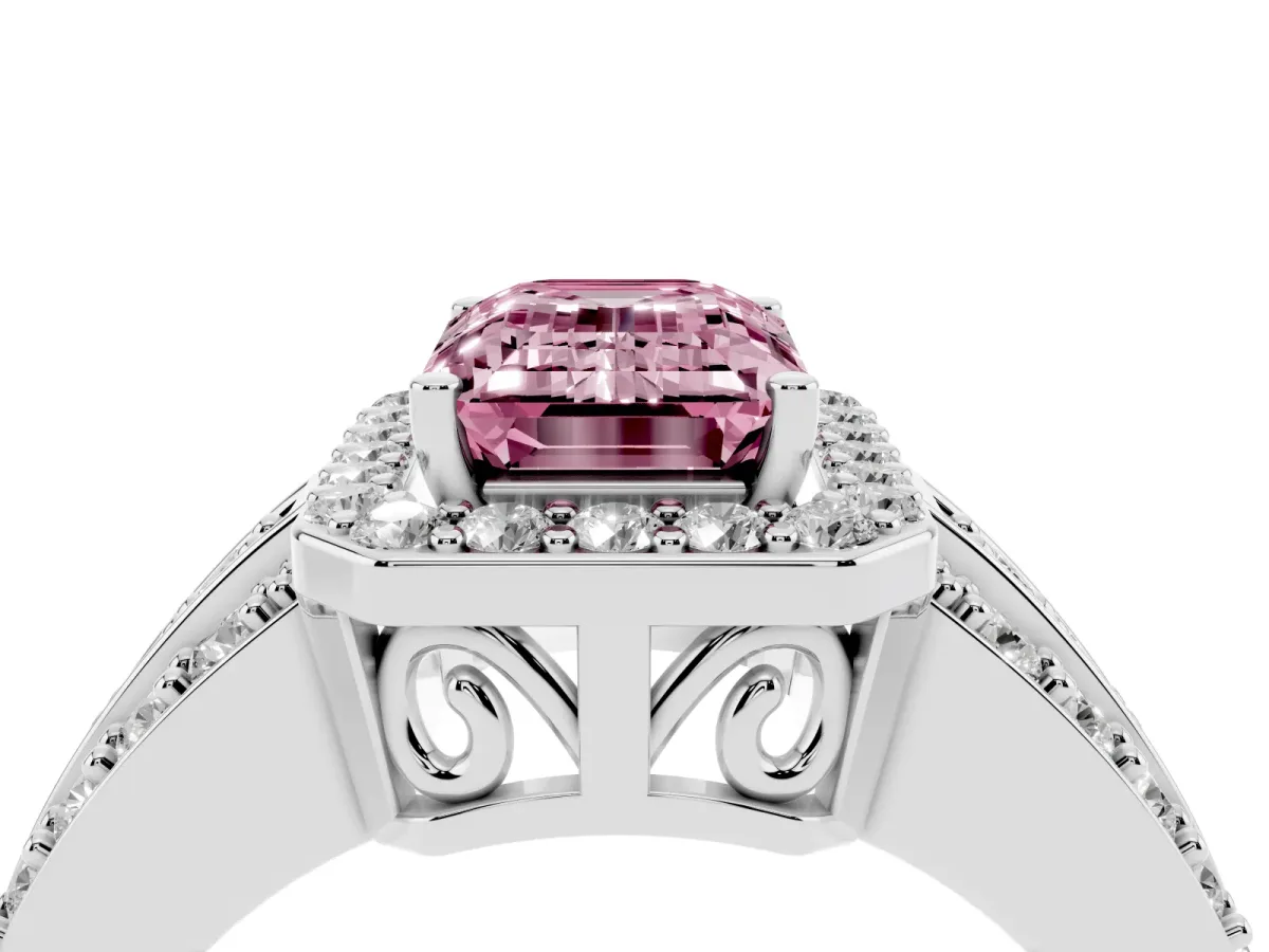 Fancy Pink Emerald Cut Halo Diamond Ring with Round Split Shank and Prong Setting White gold