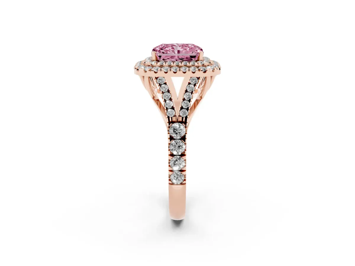 Fancy Pink Radiant Cut Diamond Pavé Split Shank Double Halo Engagement Ring Rose gold