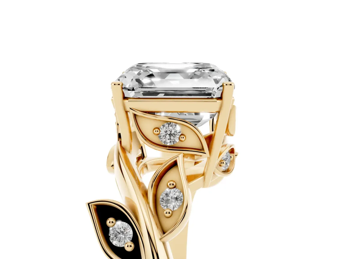 Asscher Cut Solitaire Twist Engagement Ring with Leaf Accents and Prong Setting Yellow gold