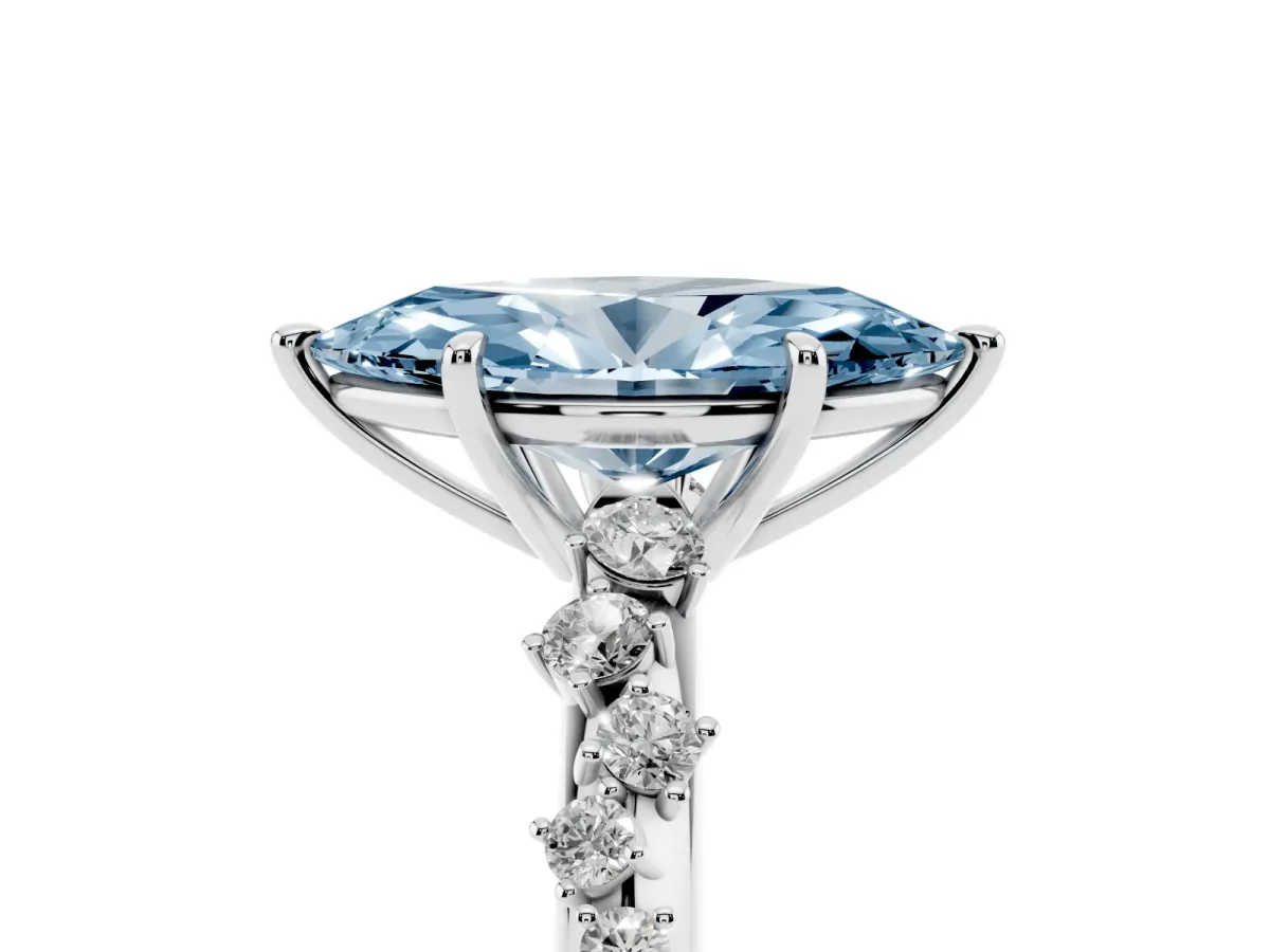 Fancy Blue Marquise Cut Diamond Cluster Side Stone Solitaire Ring with Prong Setting White gold