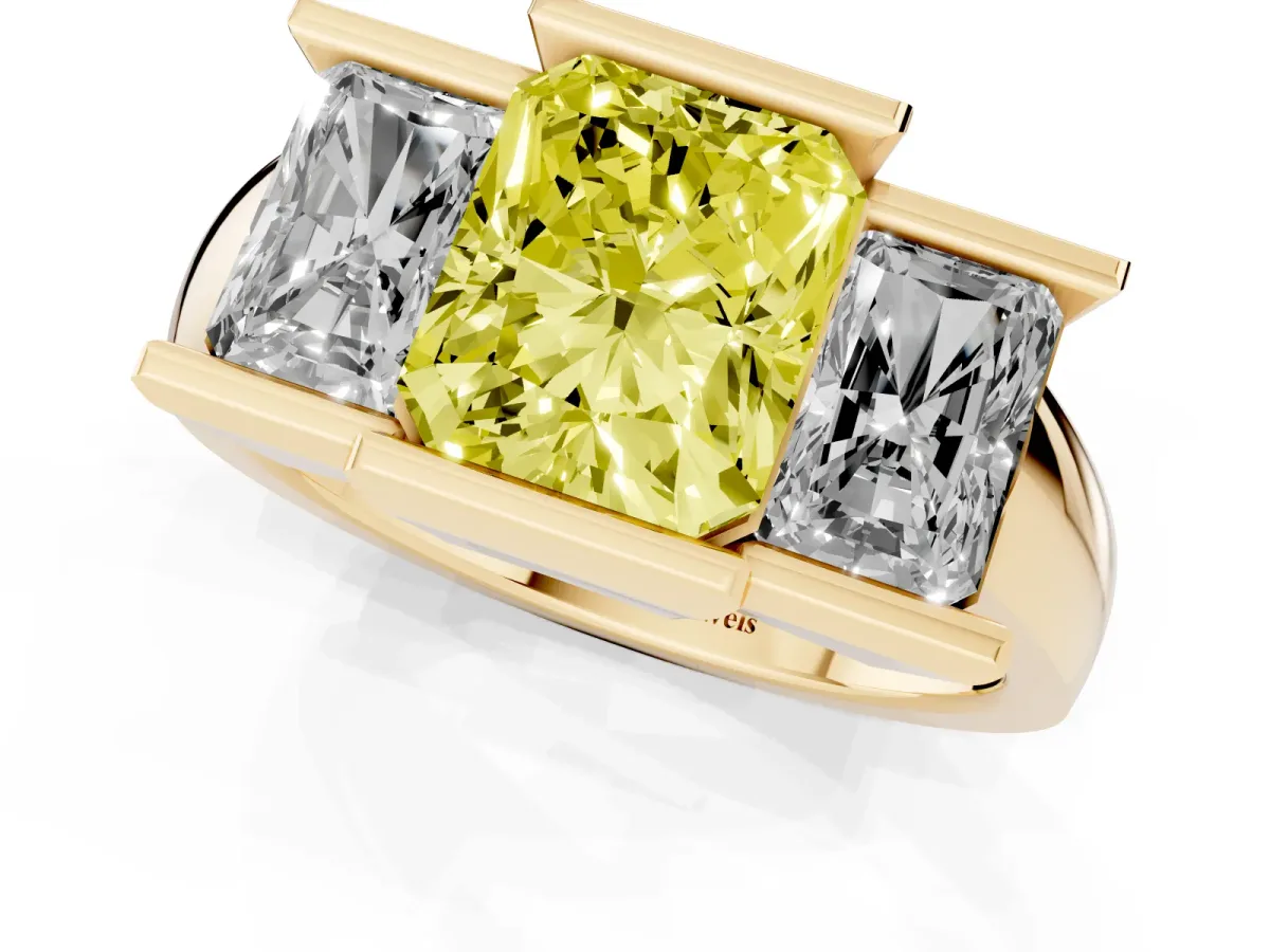 Fancy Yellow Three Stone Radiant Cut Cut Channel Set Diamond Ring Yellow gold