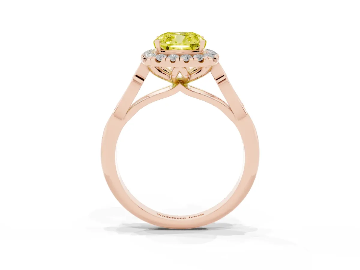 Fancy Yellow Cushion Cut Halo Diamond Engagement Ring with Filigree Band and Four-Prong Setting Rose gold