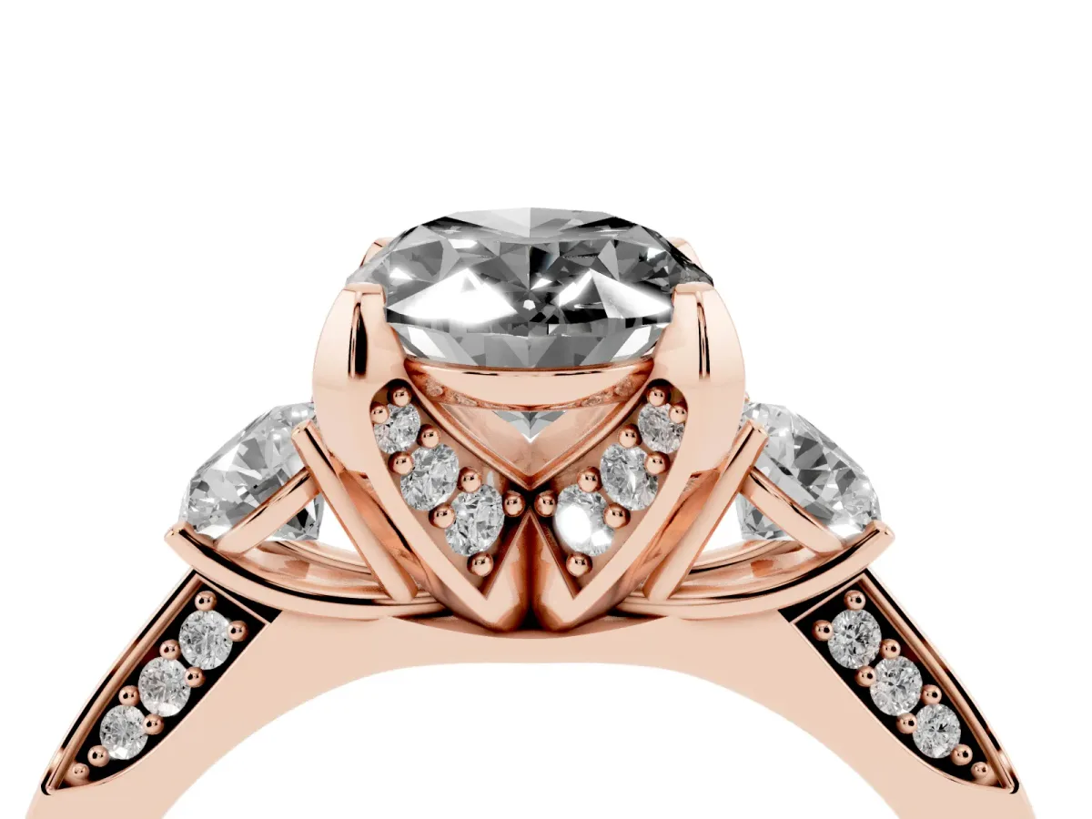 Fancy Black Oval Cut Brilliant Three-Stone Diamond Ring with Pavé Band and Four-Prong Setting Rose gold