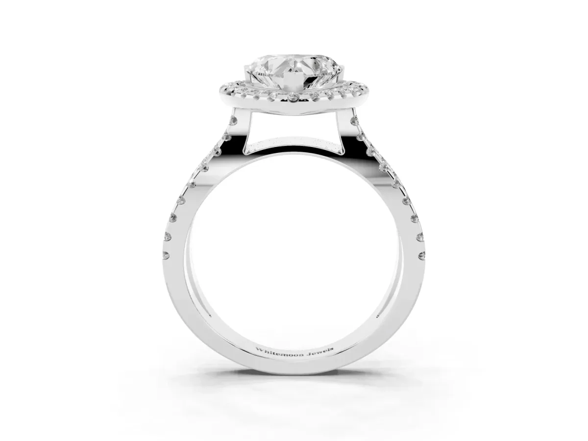 Heart Cut Diamond Halo Ring with Split Shank Pavé Band and Prong Setting Silver