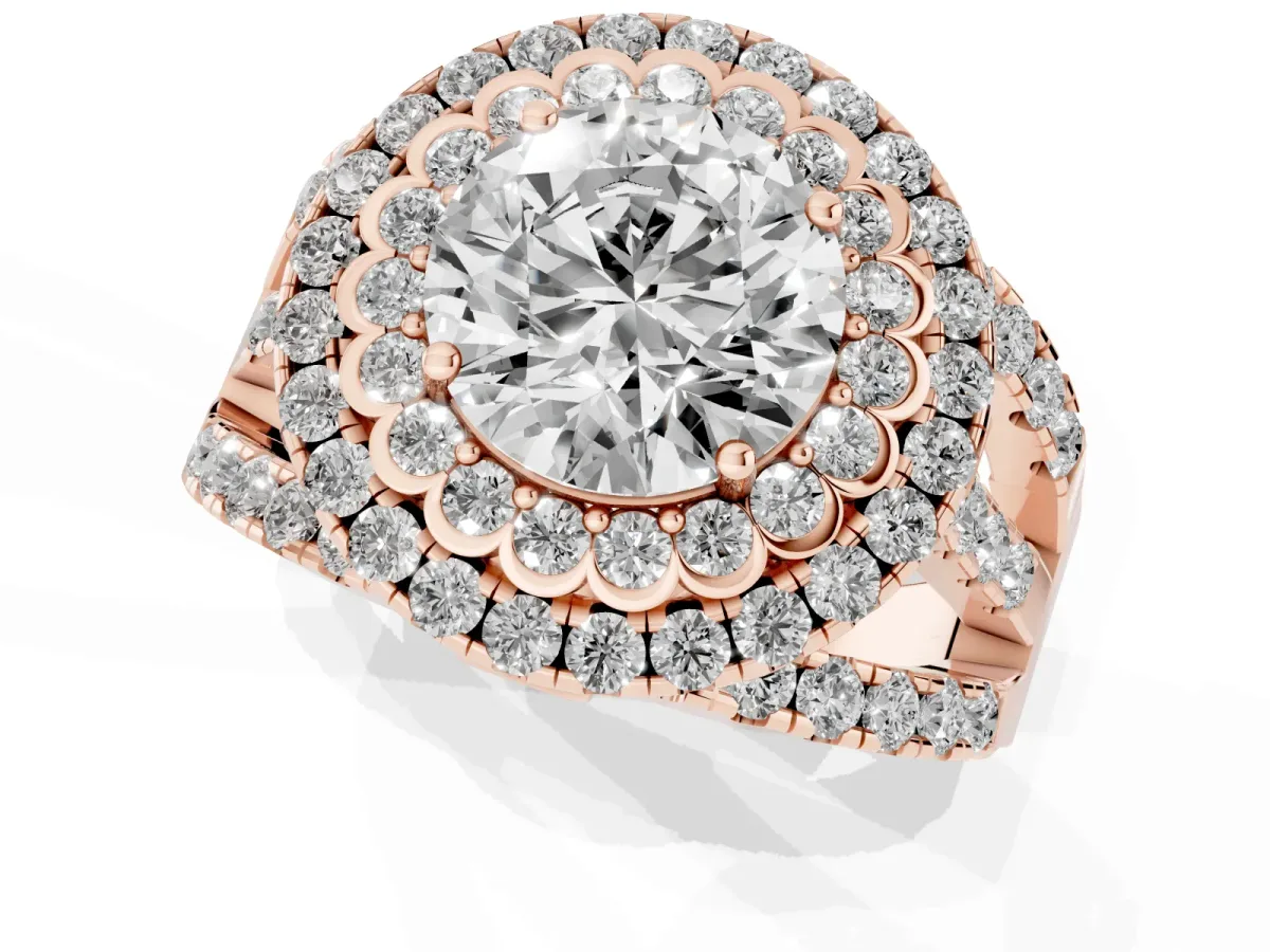 Round Cut Diamond Double Halo Ring with Round Pavé Split Shank and Prong Setting Rose gold