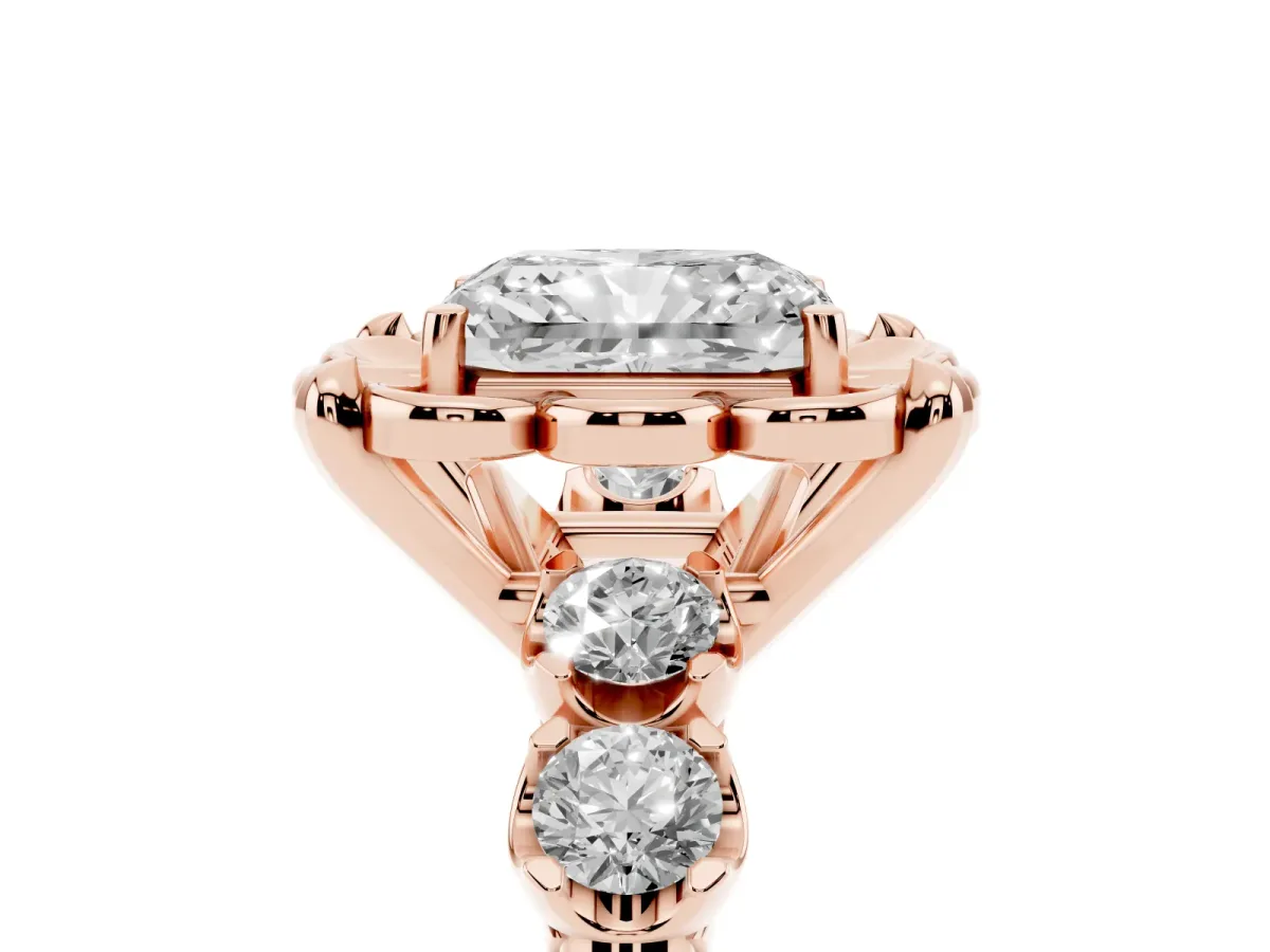Radiant Cut Cut Diamond Floral Halo Engagement Ring with Shared Prong Setting Rose gold