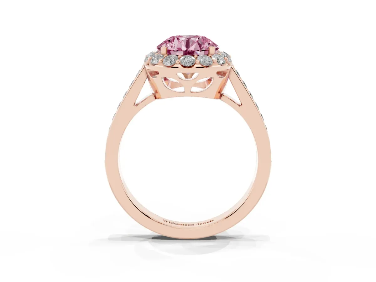 Fancy Pink Round Cut Diamond Floral Halo Ring with Pavé Band and Prong Setting Rose gold