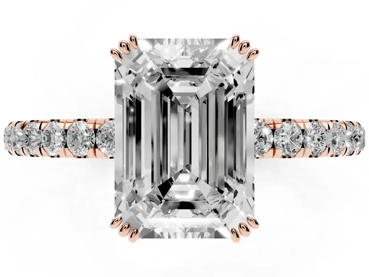 Emerald Cut Brilliant Solitaire with Pavé Band and Claw Prong Setting Rose gold
