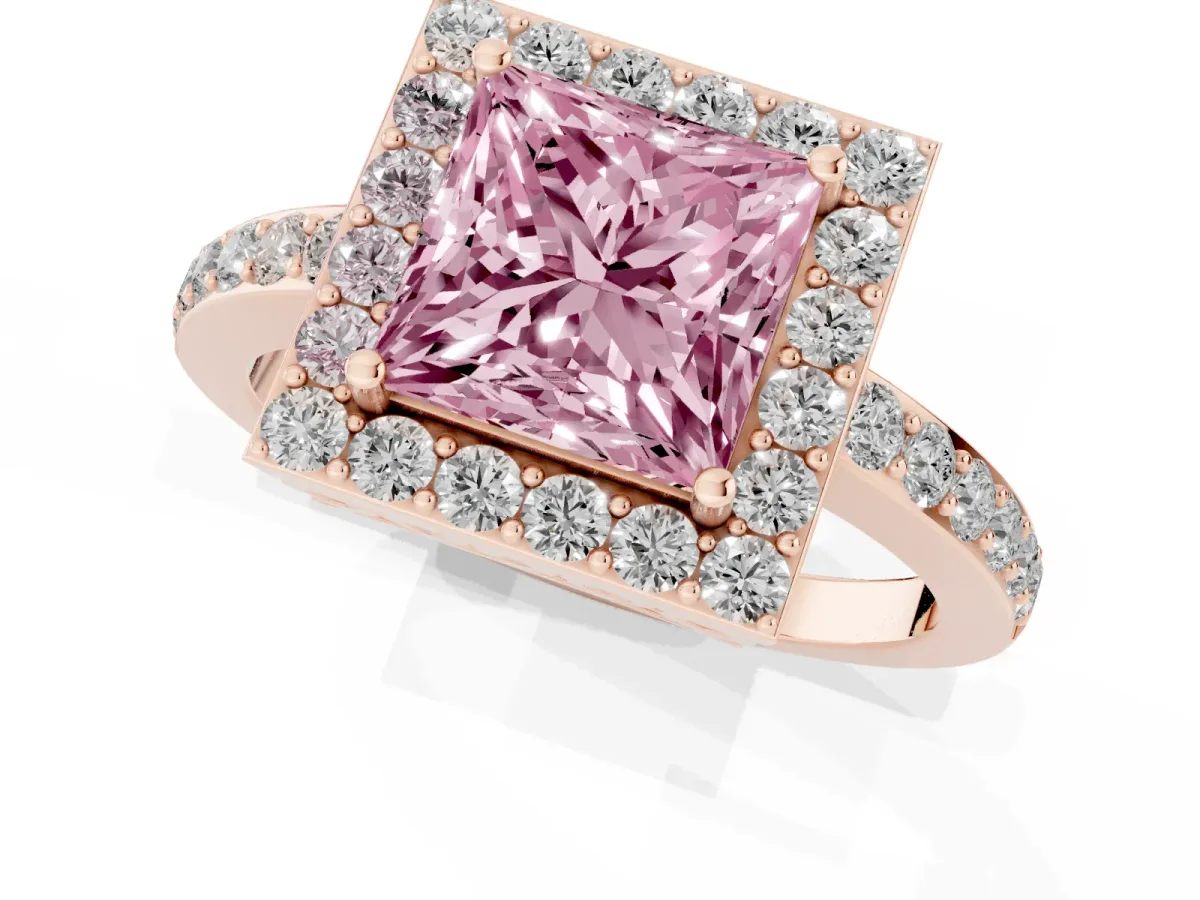 Fancy Pink Princess Cut Halo Diamond Pavé Band Ring with Prong Setting Rose gold
