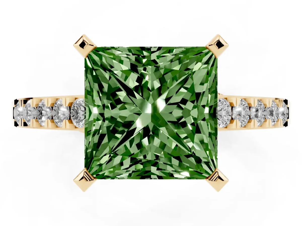 Fancy Green Princess Cut Diamond Solitaire Ring with Crossover Gallery and Round Pavé Band Yellow gold
